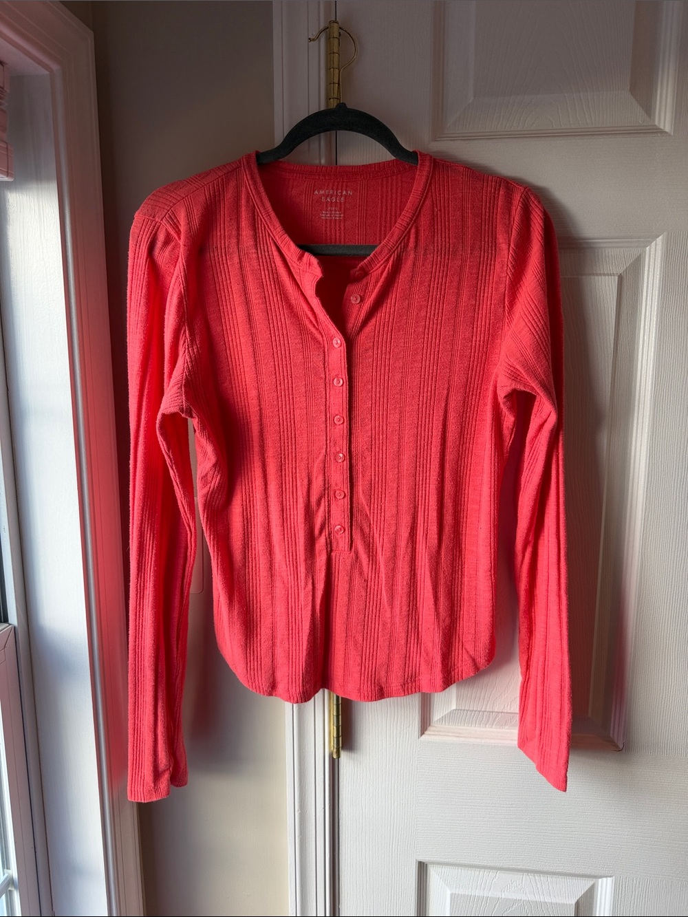American Eagle Outfitters Coral Ribbed Henley Long-Sleeve Top